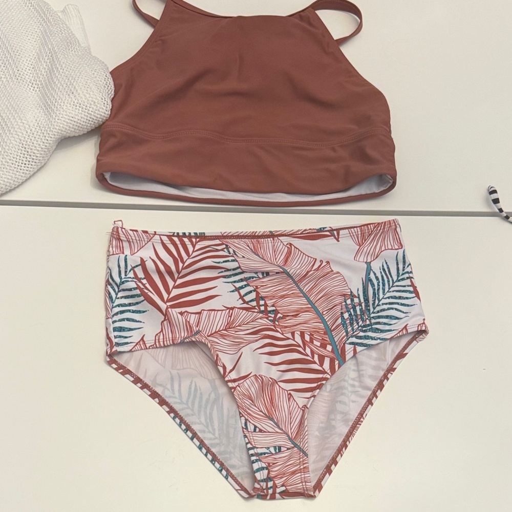 Tropical Leaf Print high waisted Bikini Set - Brown/Rust and Multicolor